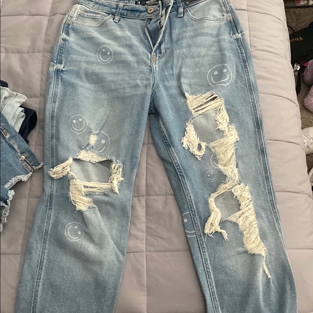 Distressed Blue Jeans with Smiley Design